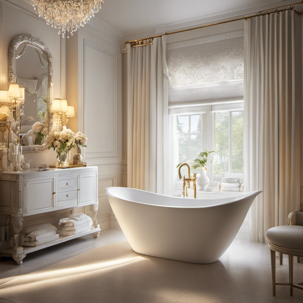 An image showcasing a sparkling white bathtub, adorned with droplets of water and glistening under the warm glow of soft lighting