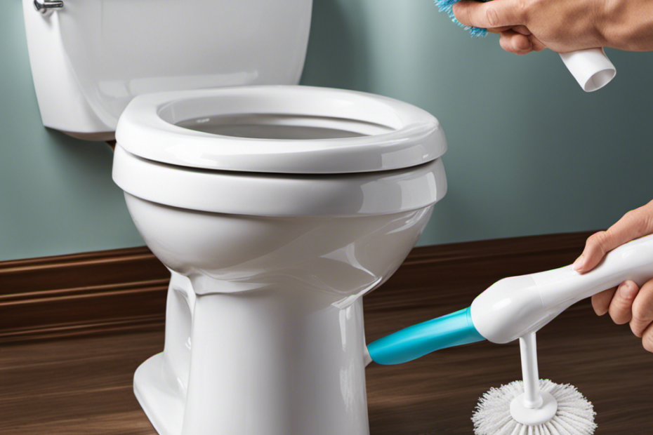 An image showcasing a pair of gloved hands holding a long-handled toilet brush, vigorously scrubbing the curved bottom of a pristine toilet bowl