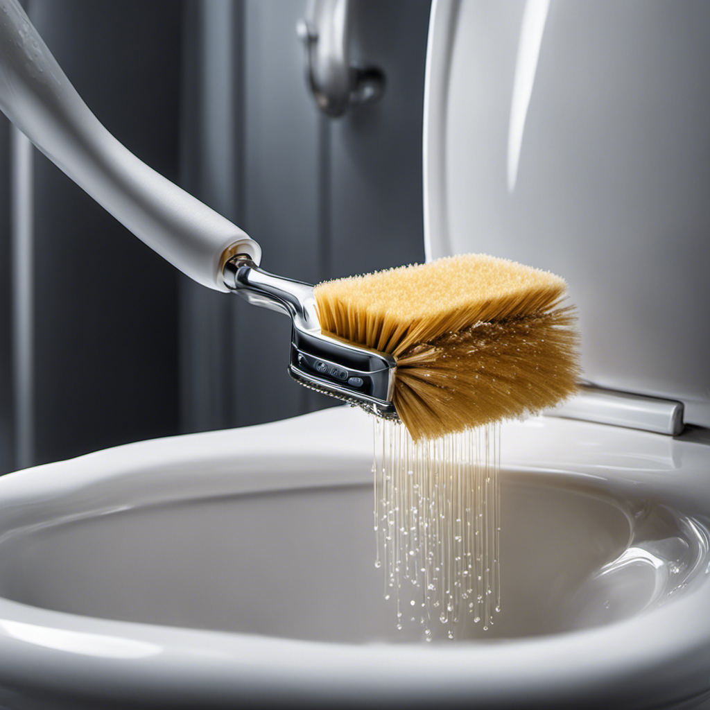 An image depicting a gloved hand holding a scrub brush, angled towards the rim of a sparkling white toilet