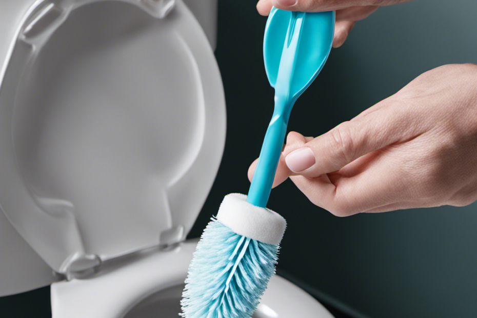 An image showcasing a gloved hand holding a powerful toilet brush, vigorously scrubbing the stubborn ring formed by mineral deposits in the toilet bowl