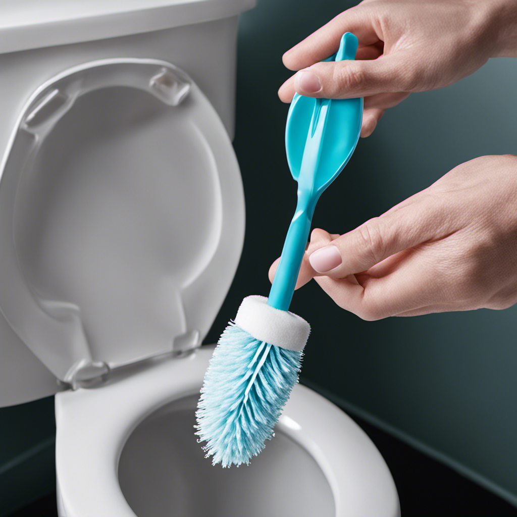 An image showcasing a gloved hand holding a powerful toilet brush, vigorously scrubbing the stubborn ring formed by mineral deposits in the toilet bowl