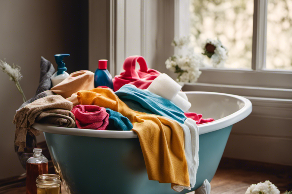 An image capturing the process of cleaning thrifted clothes in a bathtub: colorful garments submerged in warm water, gentle detergent foam, delicate hands gently scrubbing fabric, and a sunny windowsill lined with drying clothes