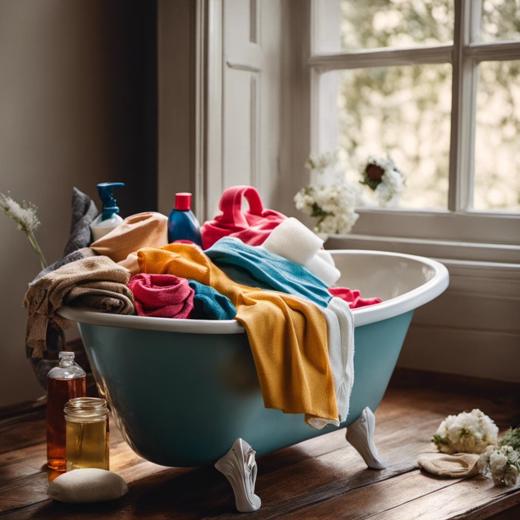 An image capturing the process of cleaning thrifted clothes in a bathtub: colorful garments submerged in warm water, gentle detergent foam, delicate hands gently scrubbing fabric, and a sunny windowsill lined with drying clothes