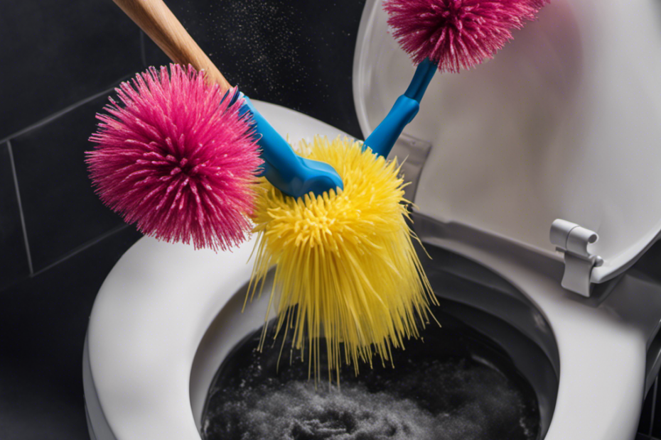 An image showcasing a gloved hand firmly gripping a toilet bowl brush, submerged in a bucket filled with soapy water