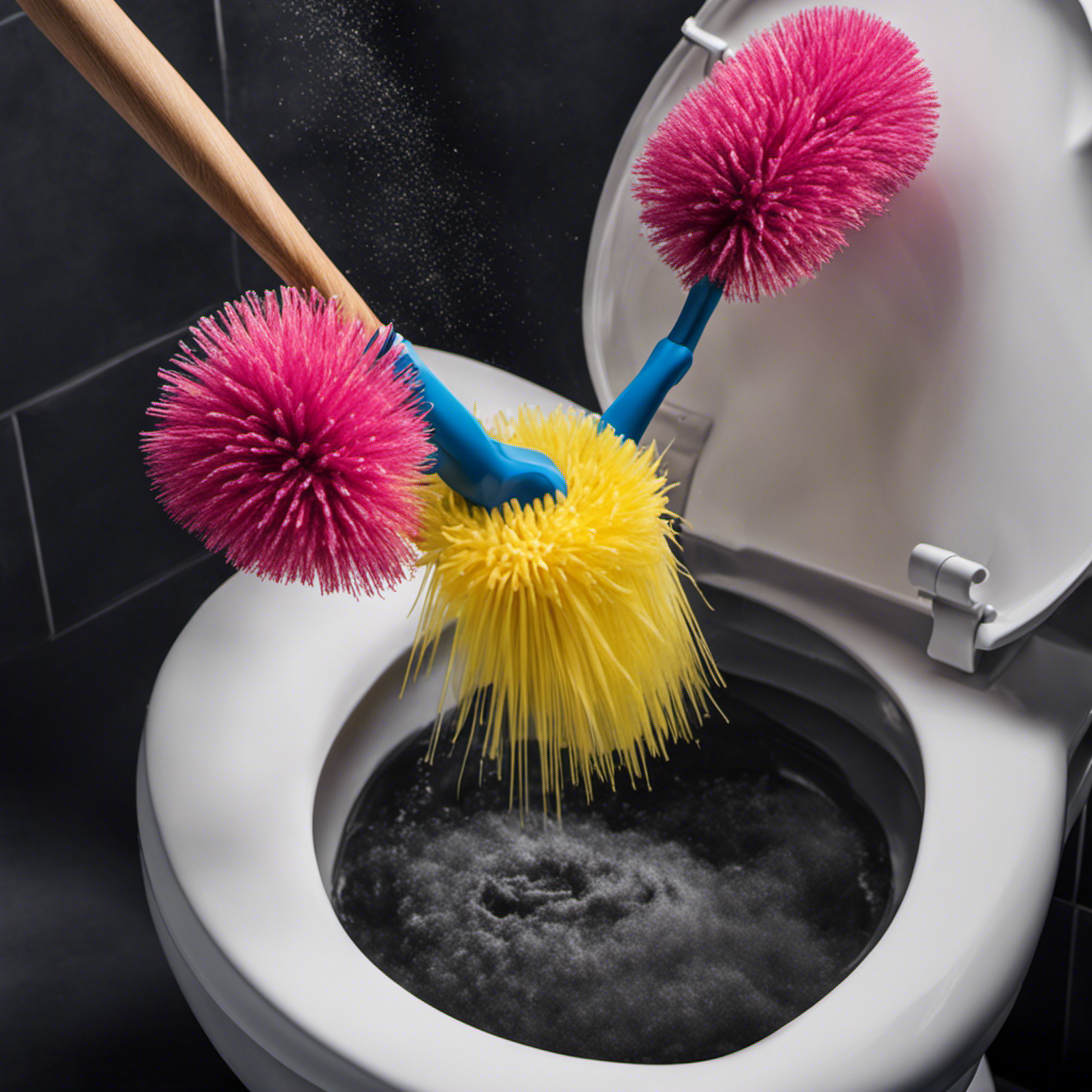 An image showcasing a gloved hand firmly gripping a toilet bowl brush, submerged in a bucket filled with soapy water