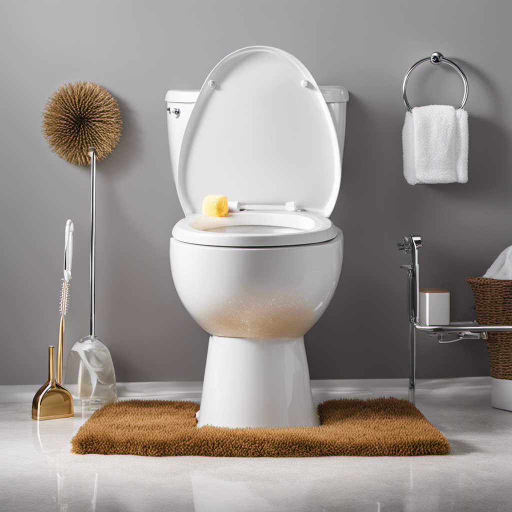 An image showcasing a sparkling white toilet bowl, surrounded by bubbles of foamy cleaner, with a gloved hand holding a scrub brush poised to remove every trace of grime, leaving it fresh and sanitised