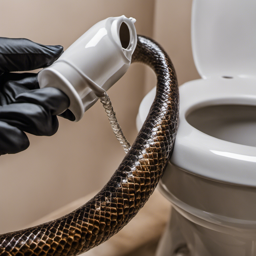 -up image of a gloved hand holding a long, flexible drain snake with a pointed end, gently inserting it into a toilet drain