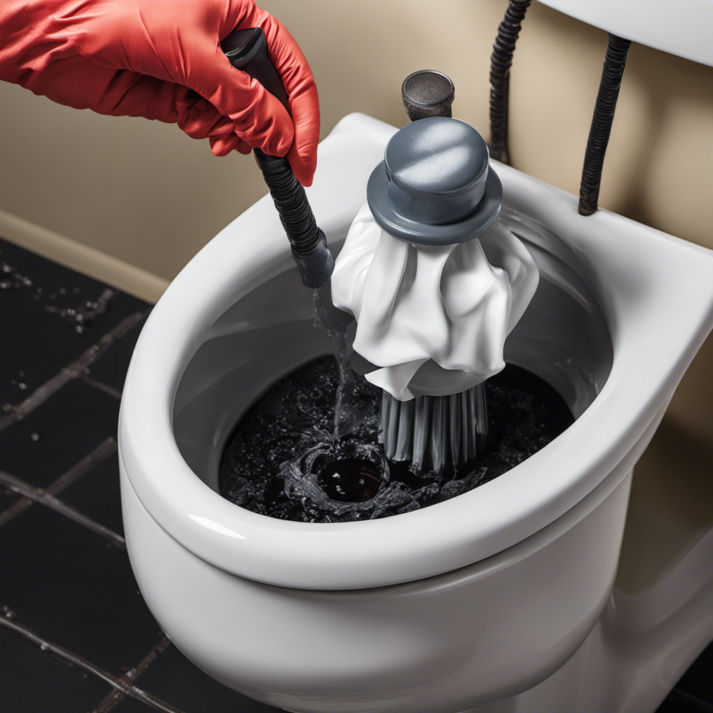 An image capturing a close-up view of a gloved hand using a plunger to unclog a toilet drain, with water flowing out and debris being pushed away, showcasing the step-by-step process of cleaning a toilet drain