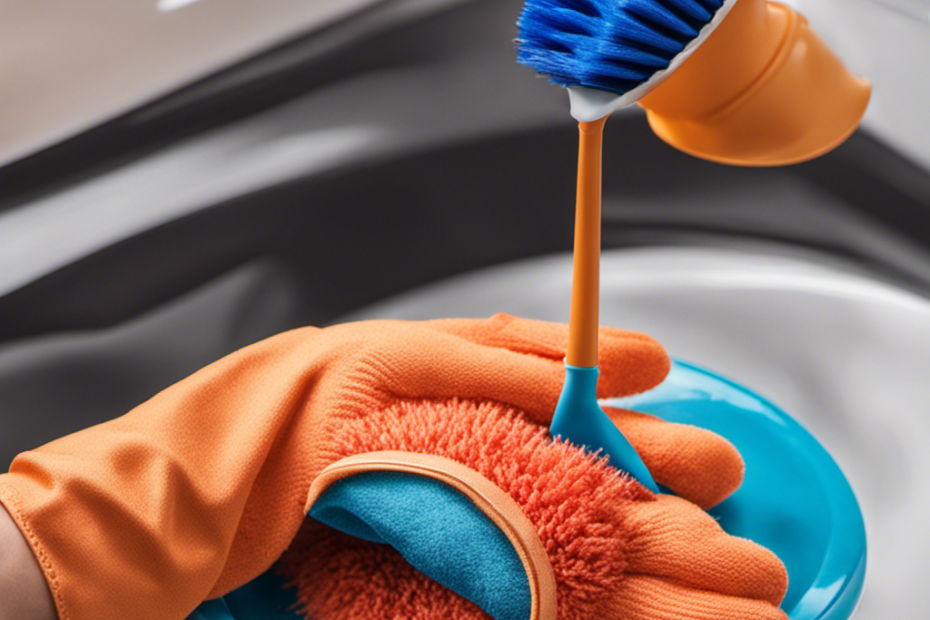 An image showcasing a gloved hand holding a powerful toilet bowl cleaner, while gently scrubbing a stubborn ring stain with a blue scrub brush