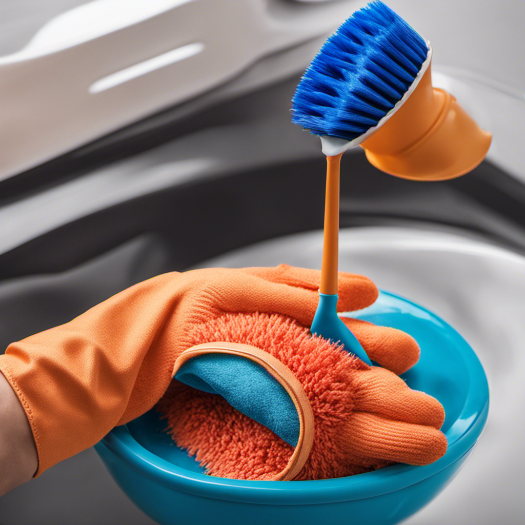 An image showcasing a gloved hand holding a powerful toilet bowl cleaner, while gently scrubbing a stubborn ring stain with a blue scrub brush