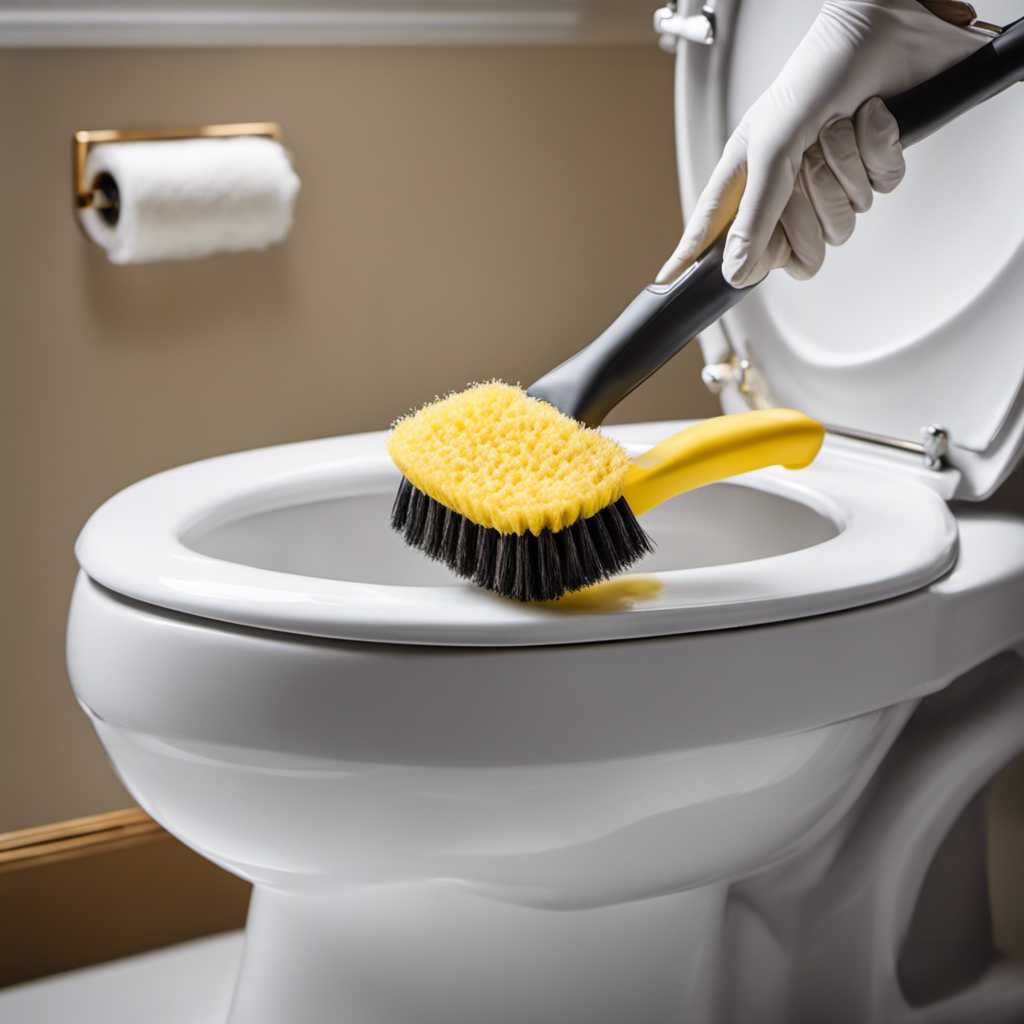 An image showcasing a gloved hand holding a scrub brush with bristles coated in a foamy cleaning solution, gently erasing a stubborn, yellowish toilet ring stain from the surface of a white porcelain toilet bowl