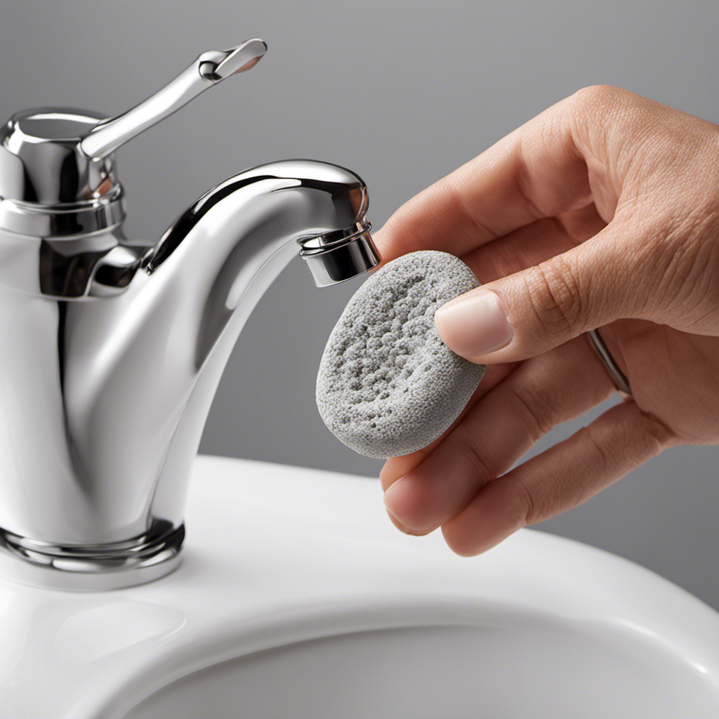 An image showcasing a gloved hand holding a pumice stone gently scrubbing a stubborn toilet ring
