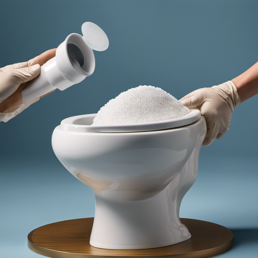 An image capturing the process of removing stubborn toilet rings: a gloved hand holding a pumice stone gently scrubbing a porcelain toilet bowl, with water cascading down and a sparkling ring-free surface emerging