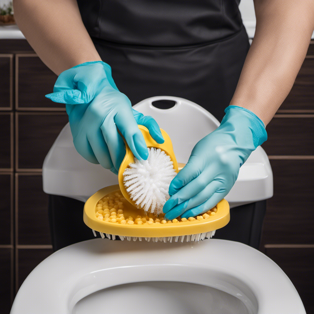 An image showcasing a pair of gloved hands using a scrub brush to vigorously clean a toilet seat