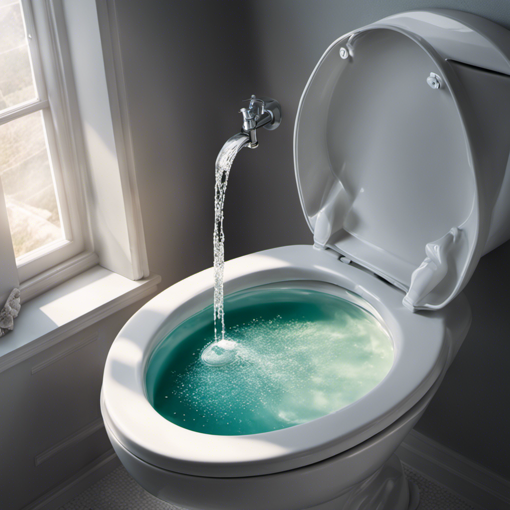 An image showcasing a sparkling white toilet bowl, surrounded by a pair of gloved hands gently pouring bleach into the water, with sunlight streaming in through a nearby window, illuminating the entire scene