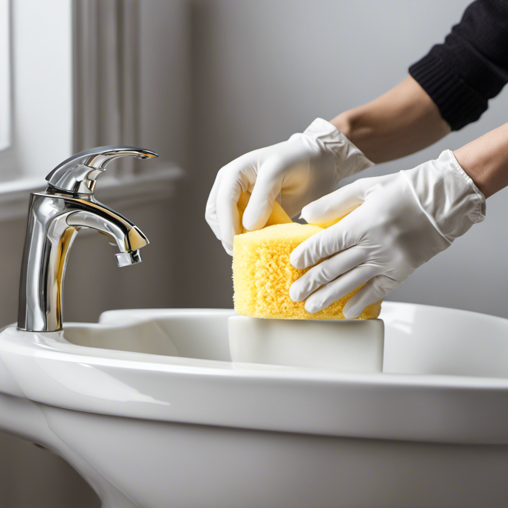 An image showcasing a pair of gloved hands equipped with a sponge, effortlessly wiping away grime and stains from a sparkling clean toilet bowl