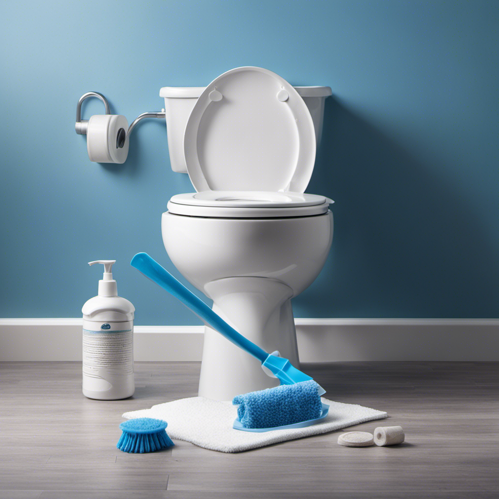 An image capturing the step-by-step process of cleaning a toilet: a gloved hand gripping a scrub brush, swirling blue cleaning solution, sparkling porcelain, and a fresh toilet paper roll nearby