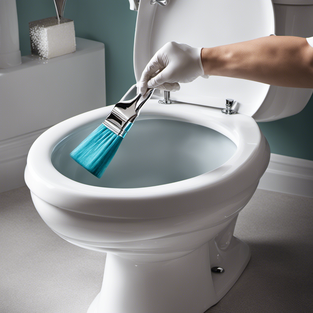 An image showcasing a gloved hand holding a narrow brush, meticulously scrubbing the hard-to-reach nooks beneath a sparkling white toilet rim, with water droplets and foam visible