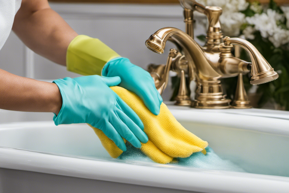 An image showcasing a pair of gloved hands vigorously scrubbing a heavily stained bathtub with a powerful cleaning solution, capturing every intricate detail of the sparkling clean surface emerging from beneath the grime