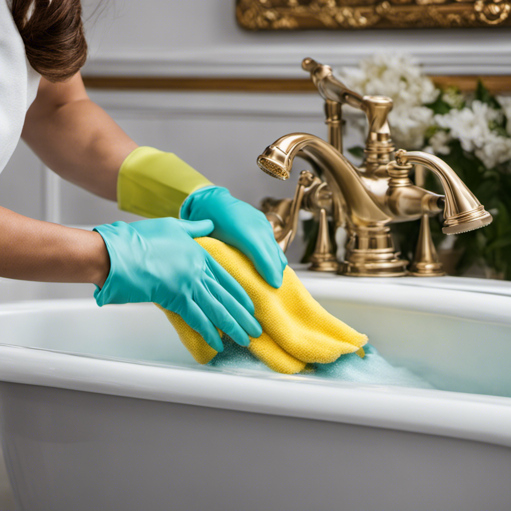An image showcasing a pair of gloved hands vigorously scrubbing a heavily stained bathtub with a powerful cleaning solution, capturing every intricate detail of the sparkling clean surface emerging from beneath the grime