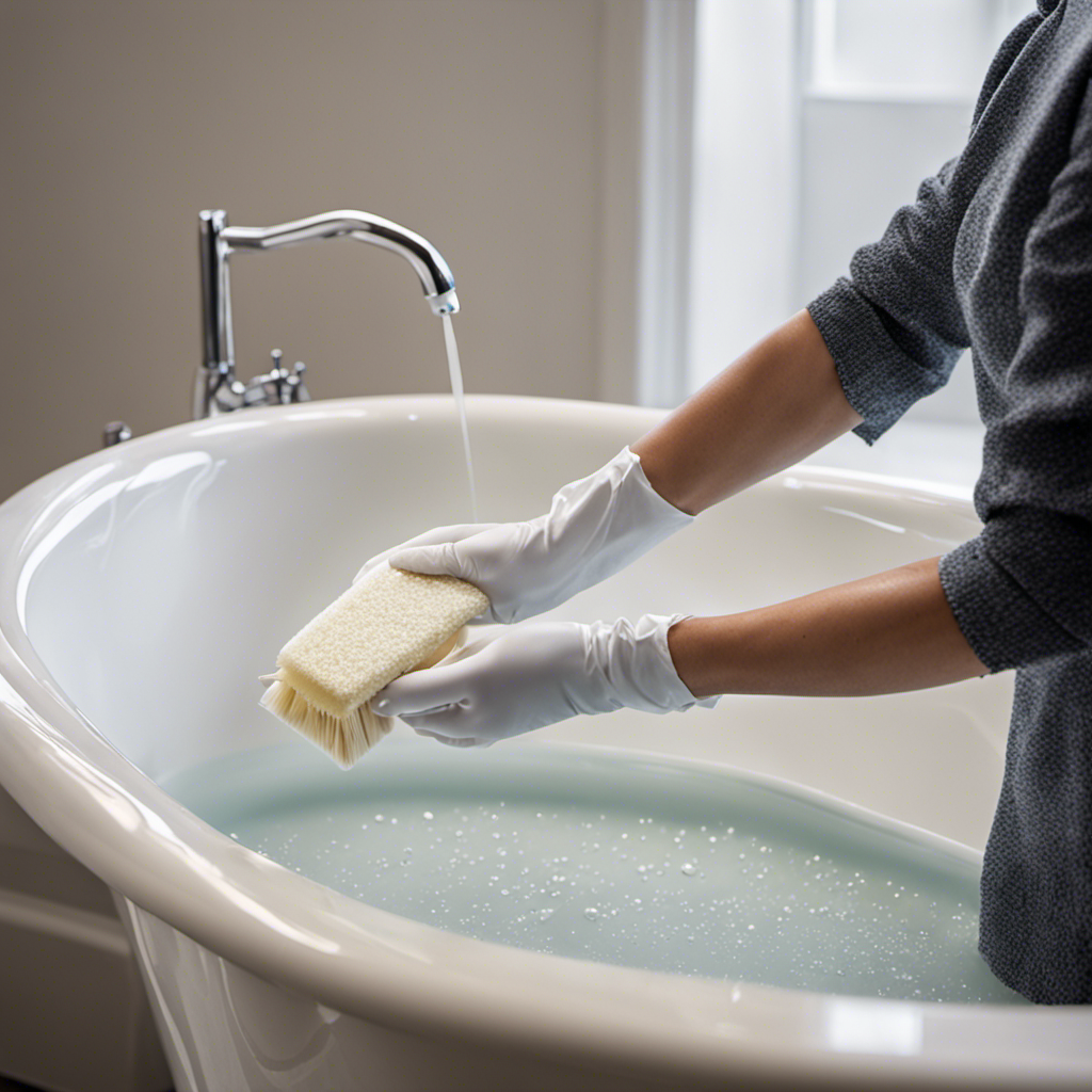 An image showcasing a pair of gloved hands gently scrubbing a sparkling white vinyl bathtub with a soft-bristled brush, removing soap scum and grime, while water droplets glisten on the surface