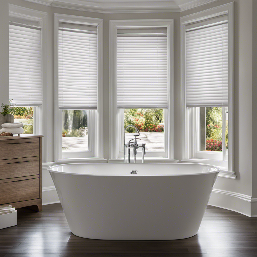 An image that showcases a pair of vinyl blinds suspended in a pristine white bathtub filled with warm soapy water