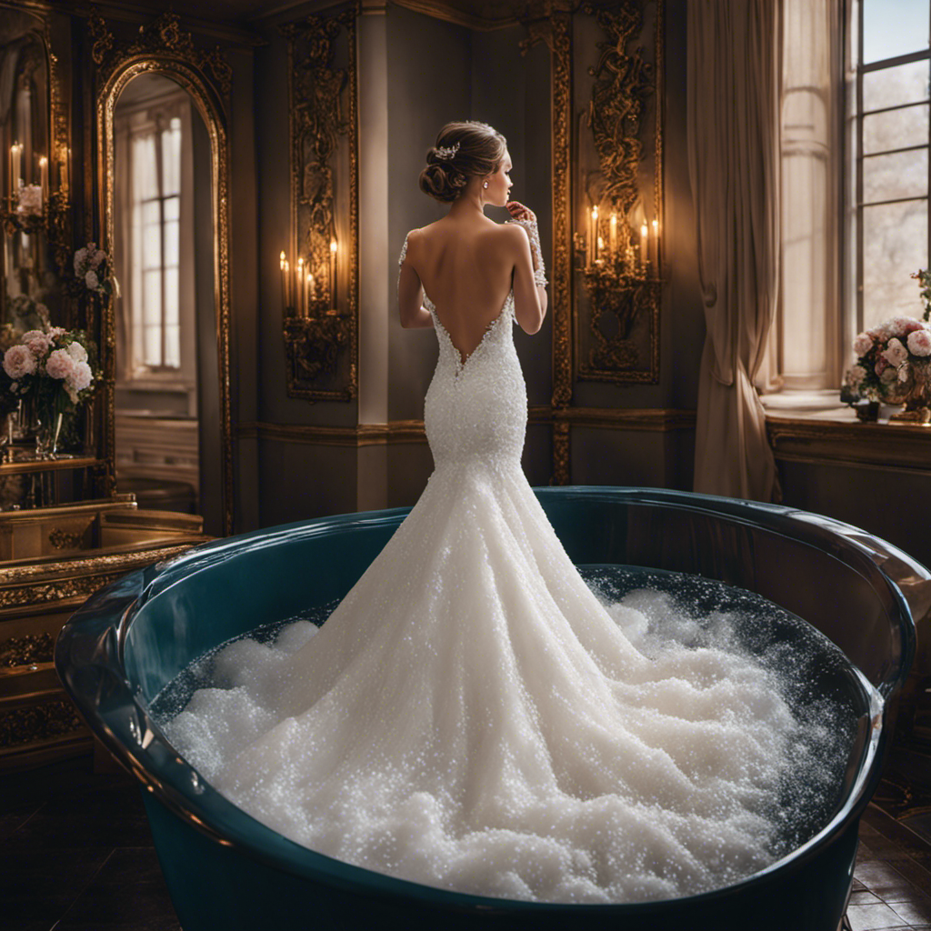 An image that showcases a pristine white wedding dress submerged in a sparkling bathtub filled with warm, soapy water