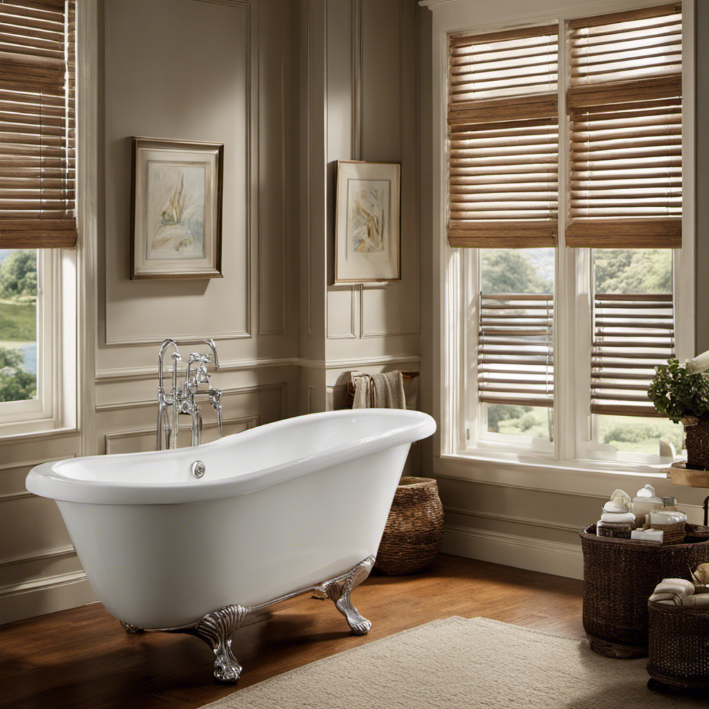 An image that depicts a bathtub filled with warm soapy water, where a pair of wooden blinds are fully immersed, being gently scrubbed with a soft brush, and rinsed under a gentle stream of clean water