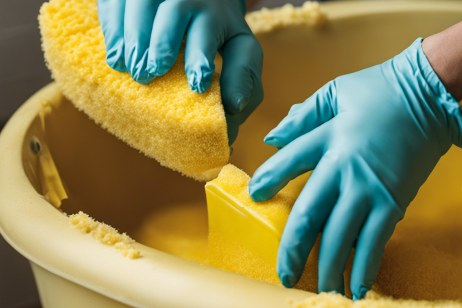 An image showcasing a pair of gloved hands scrubbing a yellow bathtub with a sponge, depicting the before and after stages of the cleaning process