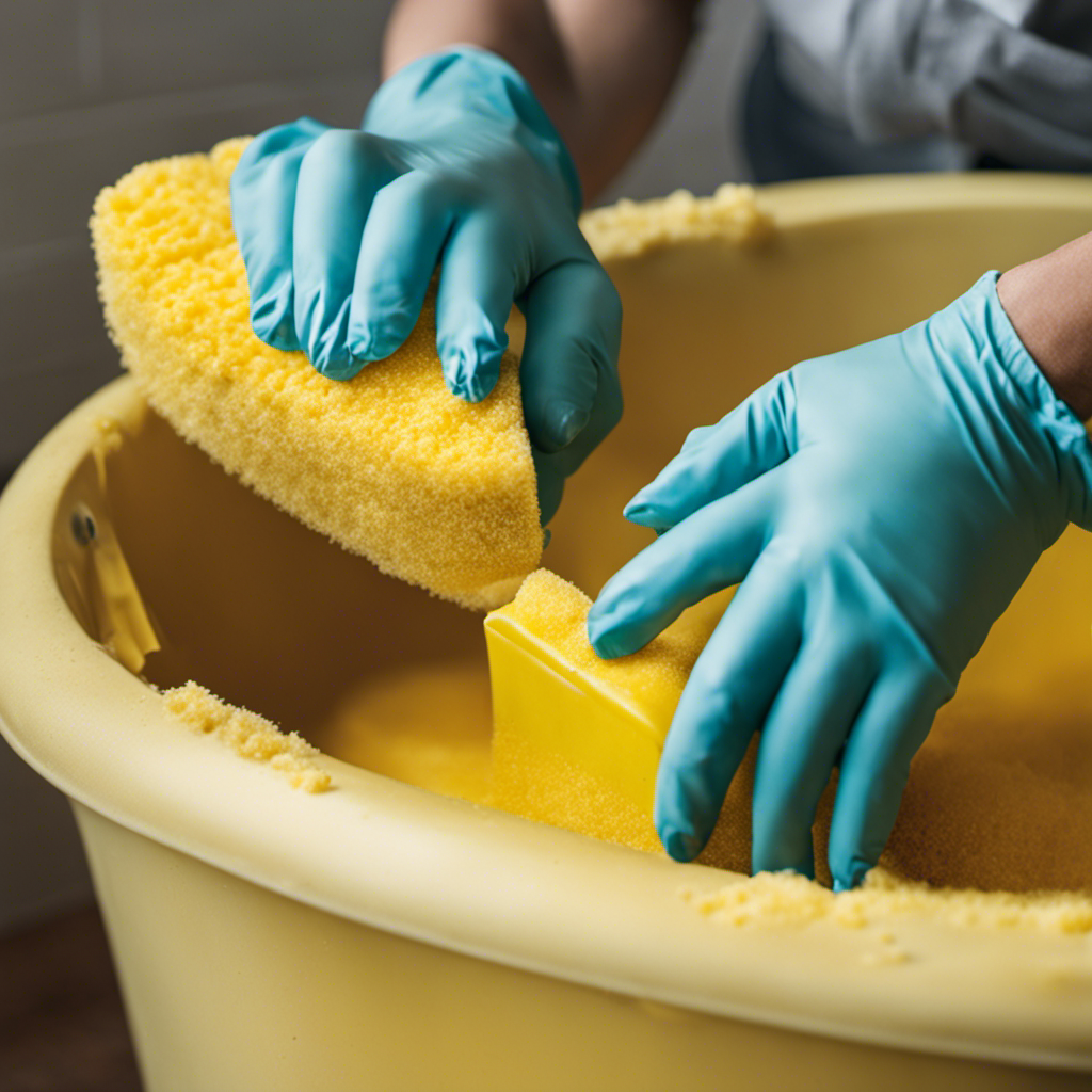 An image showcasing a pair of gloved hands scrubbing a yellow bathtub with a sponge, depicting the before and after stages of the cleaning process