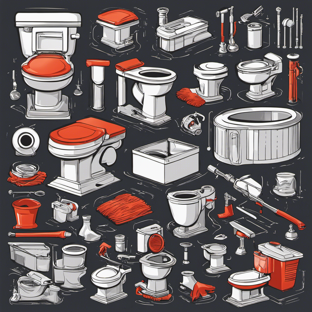 An image that visually depicts the step-by-step process of clearing a blocked toilet, capturing the use of a plunger, gloves, bucket, toilet auger, and the disposal of waste