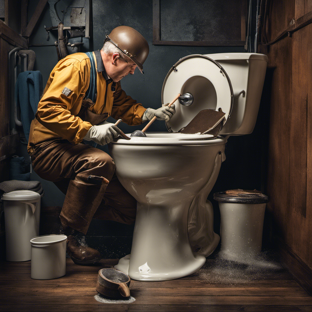An image showcasing a person wearing rubber gloves, holding a plunger, and applying downward pressure to a clogged toilet bowl while water rises