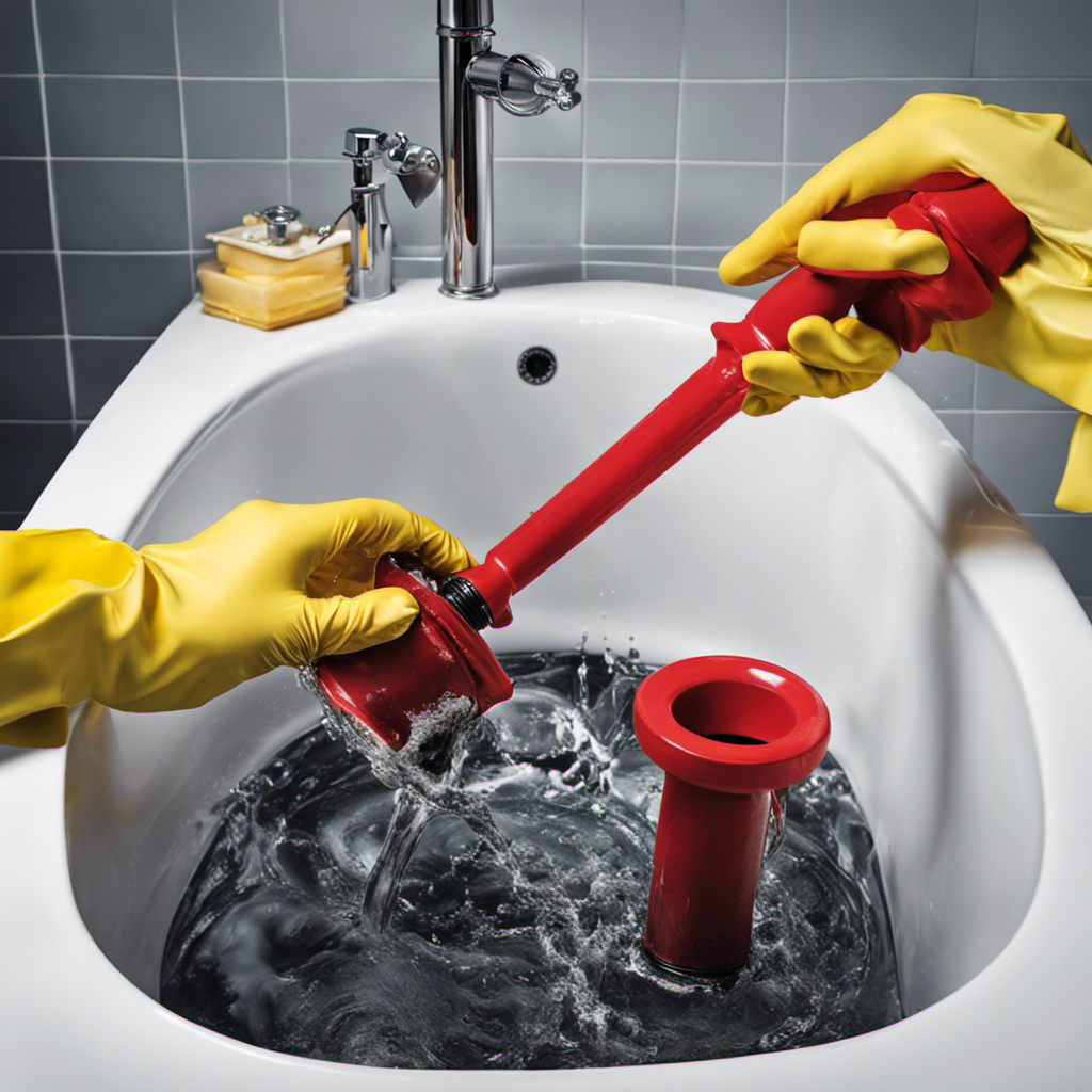 An image showcasing a hand wearing rubber gloves, holding a plunger, as it forcefully plunges down into a clogged bathtub drain