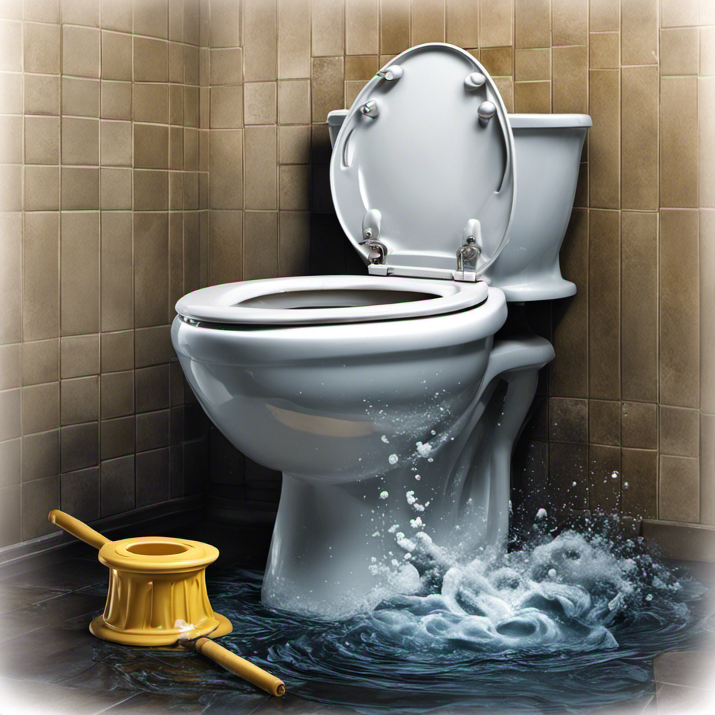 An image that shows a person wearing rubber gloves, using a plunger vigorously to clear a toilet clog