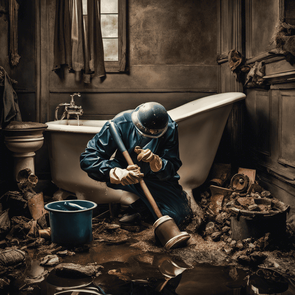 An image that showcases a person wearing rubber gloves, kneeling beside a clogged bathtub