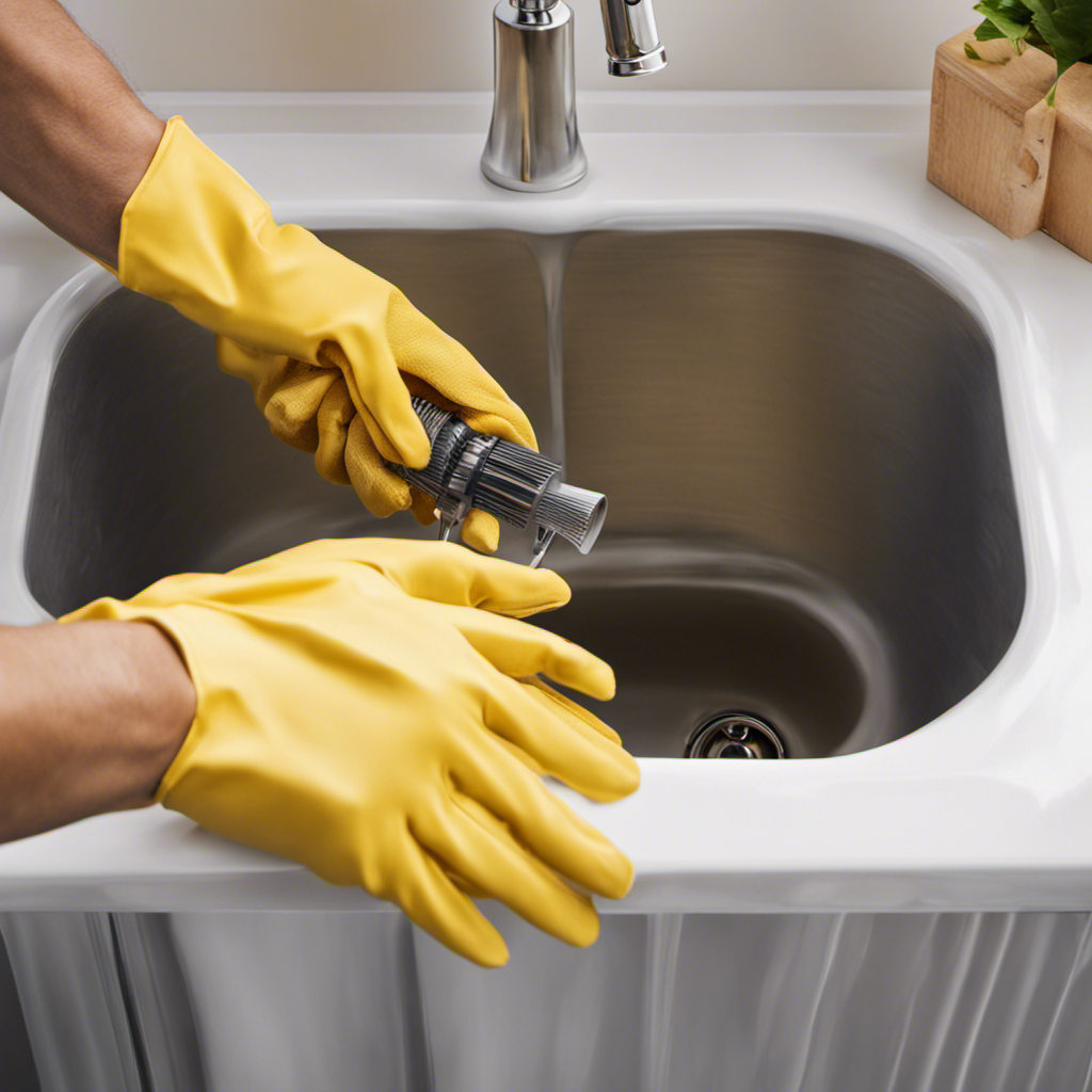 An image depicting a step-by-step guide to clearing a bathtub drain: a person wearing gloves, removing hair and debris from the drain with a long flexible tool, pouring a liquid drain cleaner, and finally, running water smoothly down the drain
