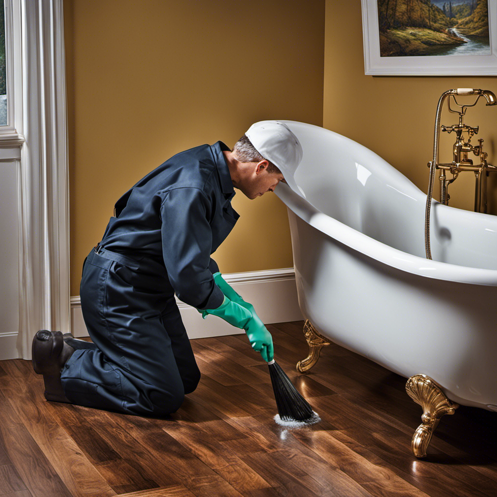 An image of a person wearing rubber gloves, kneeling beside a bathtub