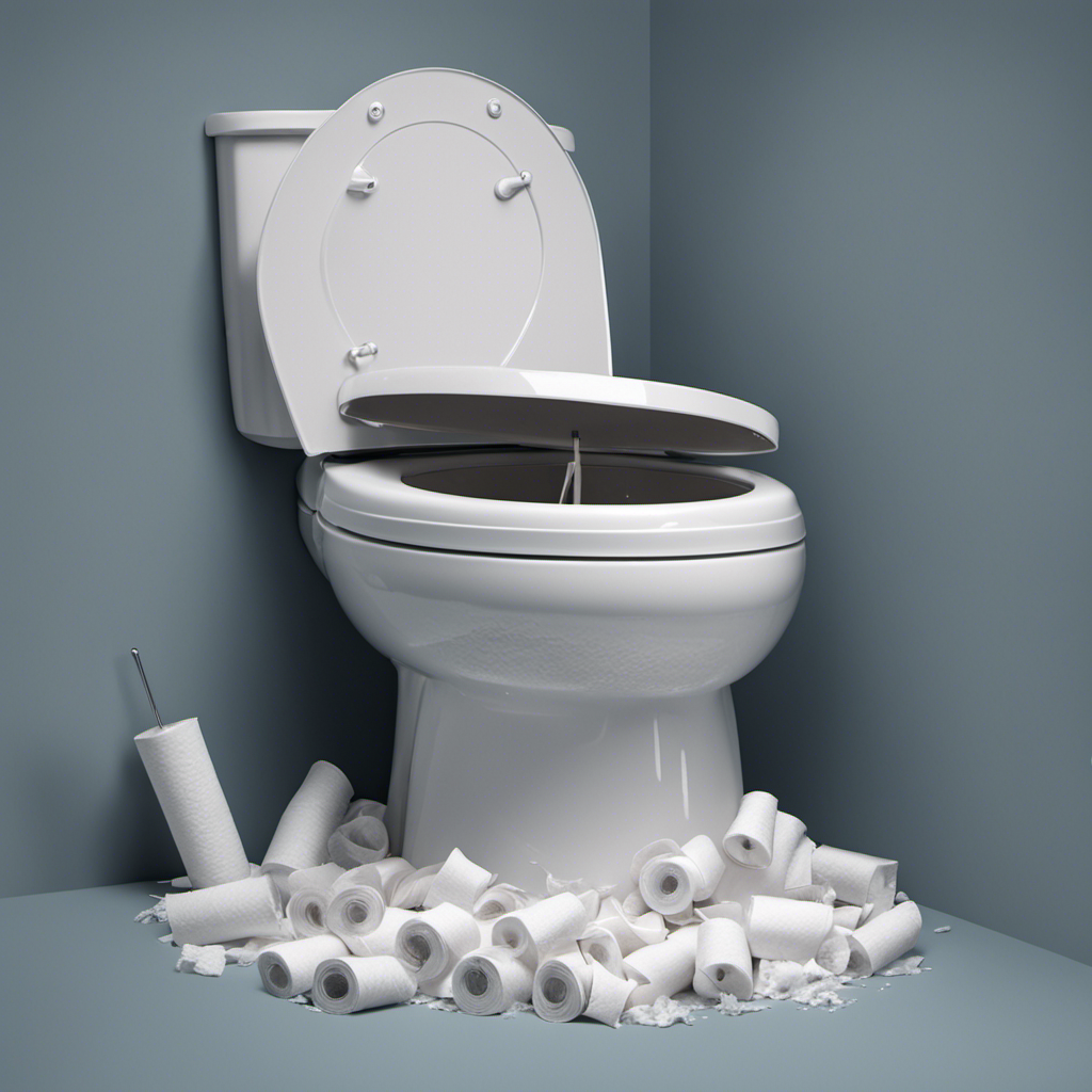 An image showcasing a plunger submerged in a toilet bowl filled with an excessive amount of toilet paper, depicting the step-by-step process of how to unclog a toilet