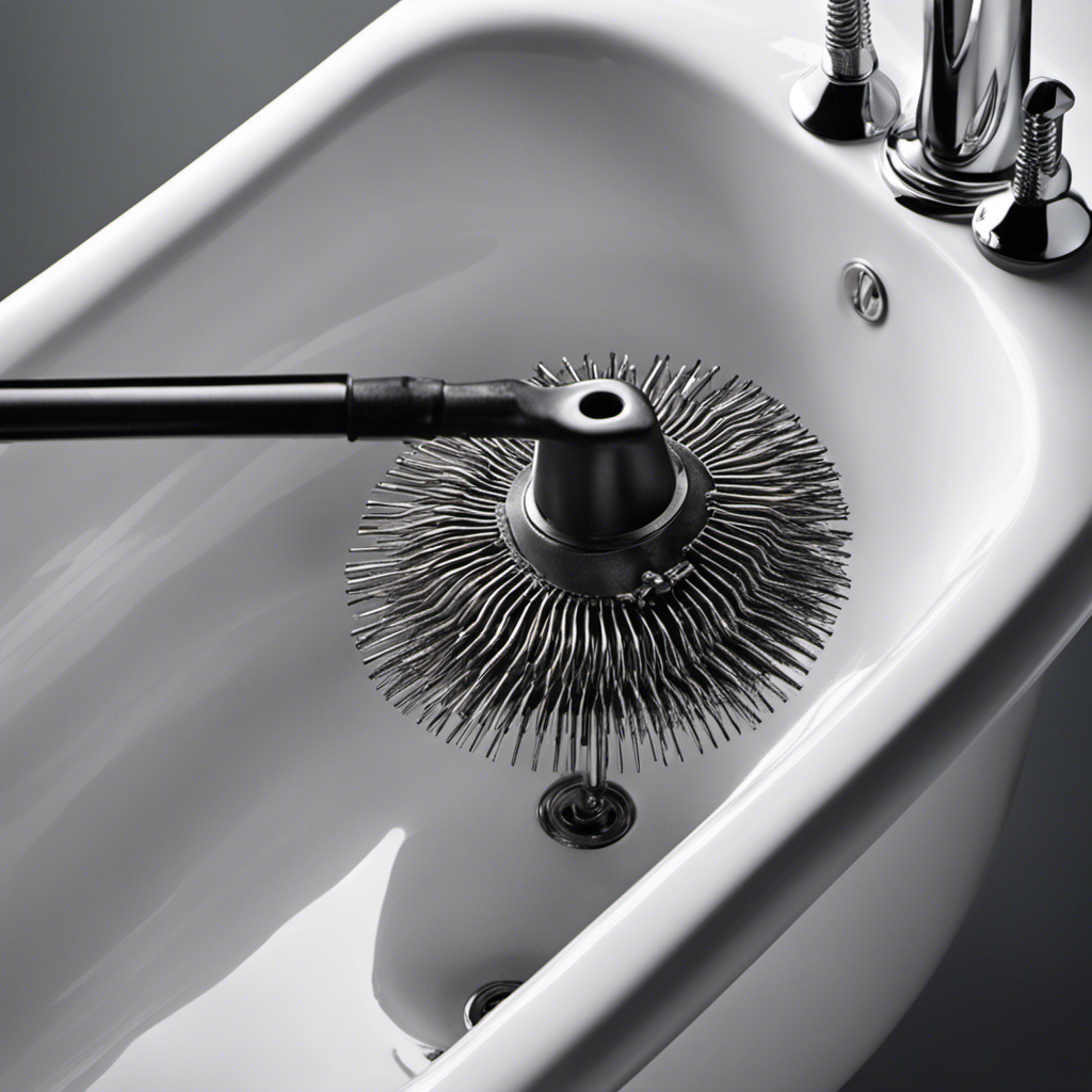 An image capturing a close-up view of a hand holding a hair clog remover tool, inserted into a bathtub drain, with strands of hair tangled around the tool's prongs