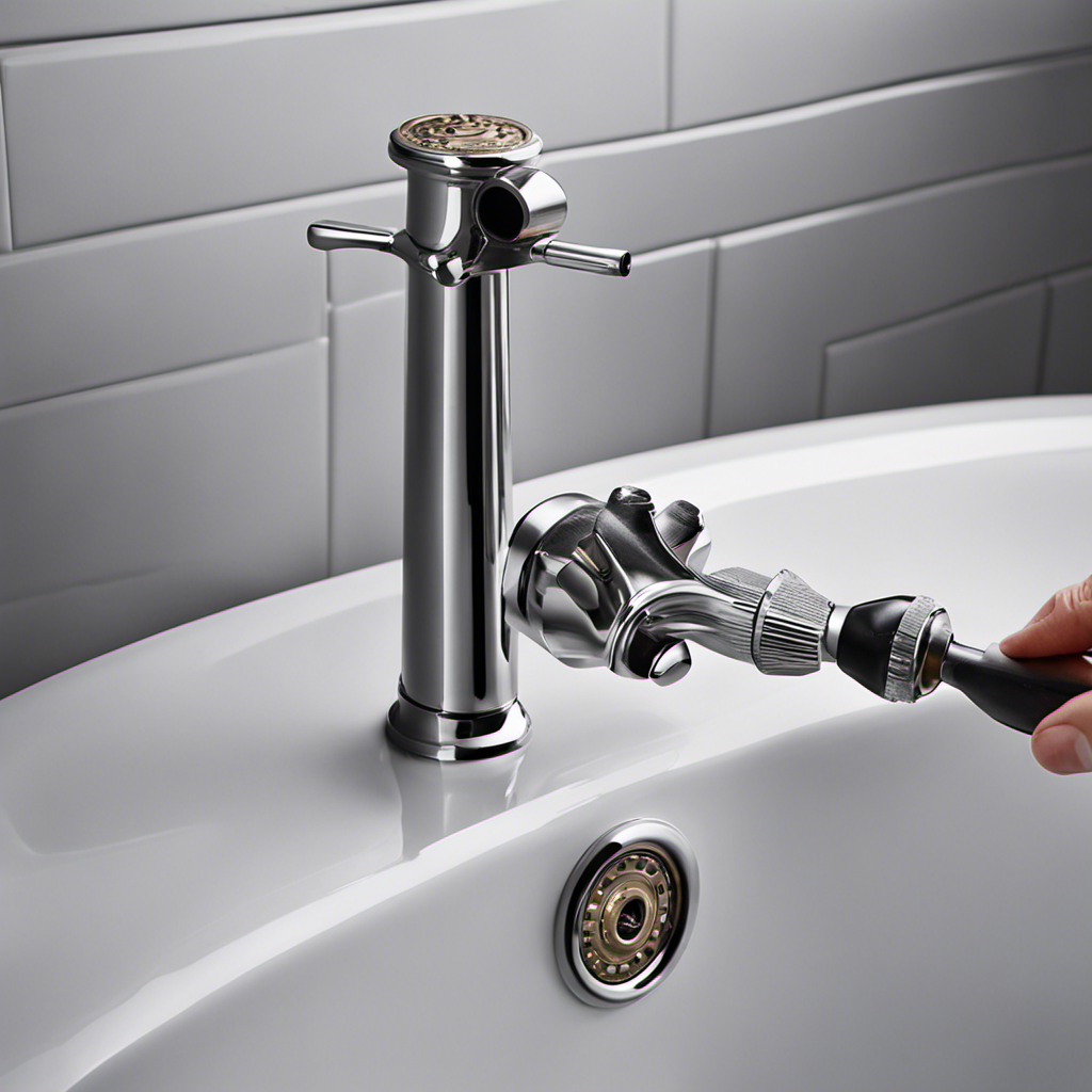 An image showcasing a pair of hands gripping a flathead screwdriver, positioned above a bathtub drain