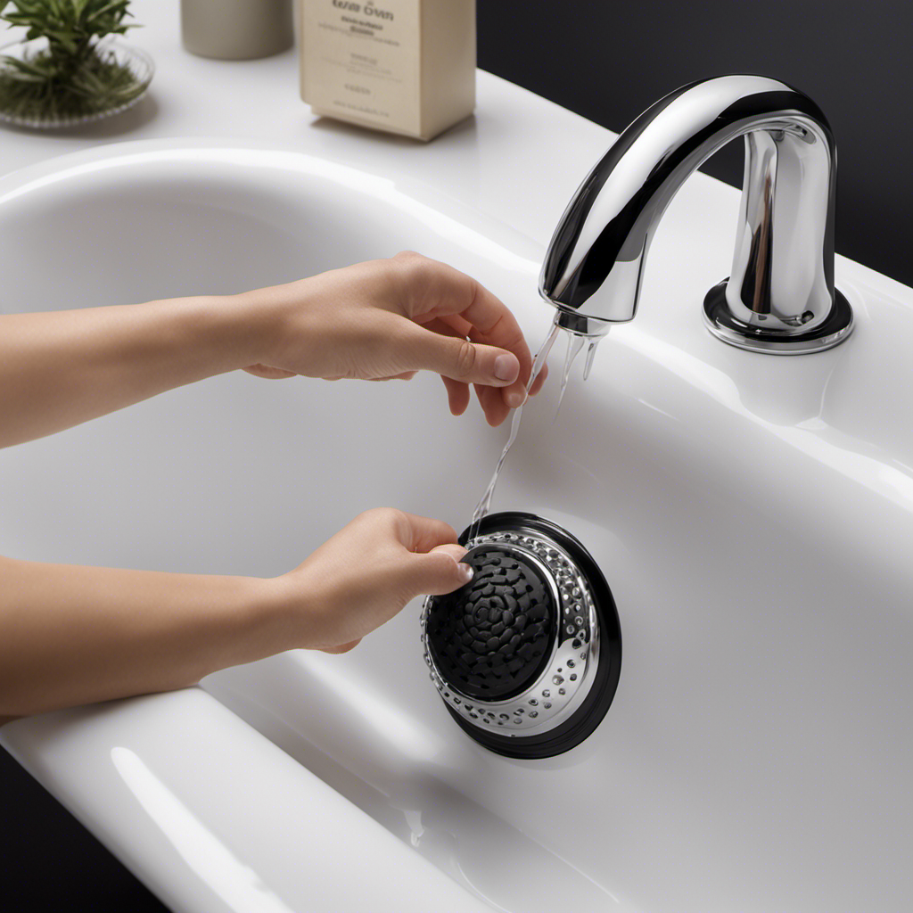An image showcasing a hand holding a rubber suction cup tightly over the bathtub drain, effectively sealing it