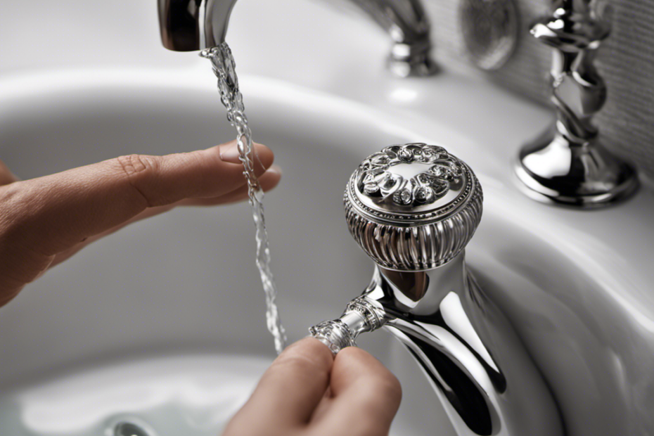 a close-up shot of nimble hands reaching towards the bathtub drain, skillfully twisting a shiny silver stopper clockwise to seal it shut