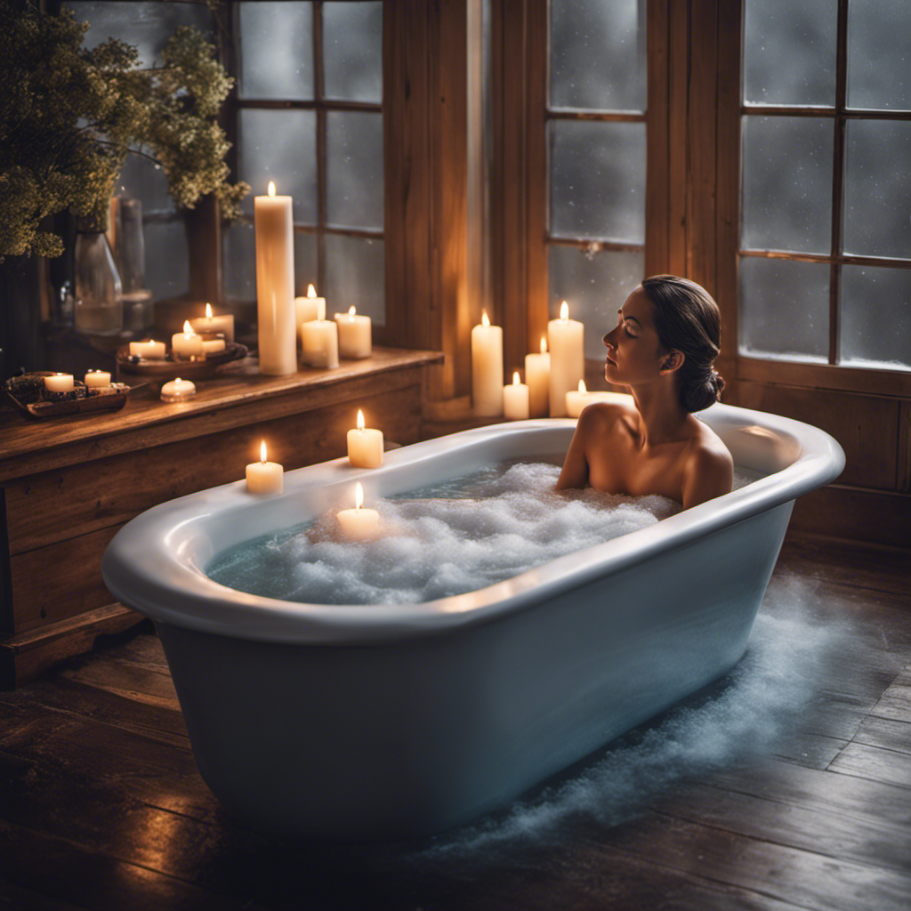 An image showcasing a serene bathroom scene: a person gingerly immersing their body into a filled bathtub, the water icy and steam rising, surrounded by candles, inducing a calming atmosphere for cold plunge therapy