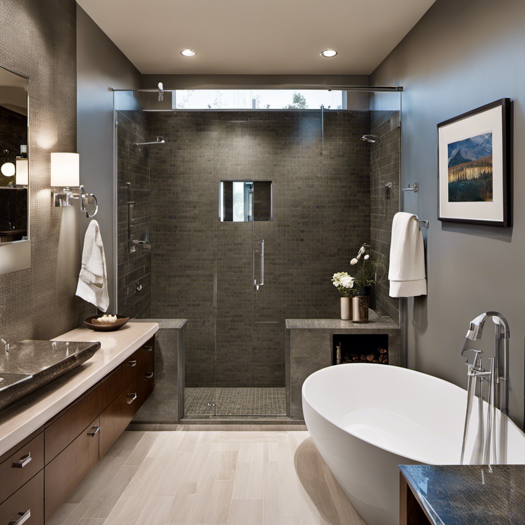 An image showcasing a step-by-step transformation of a bathtub into a shower: remove the bathtub, install a sleek glass shower enclosure, add mosaic tiles, install a rainfall showerhead, and place a modern vanity