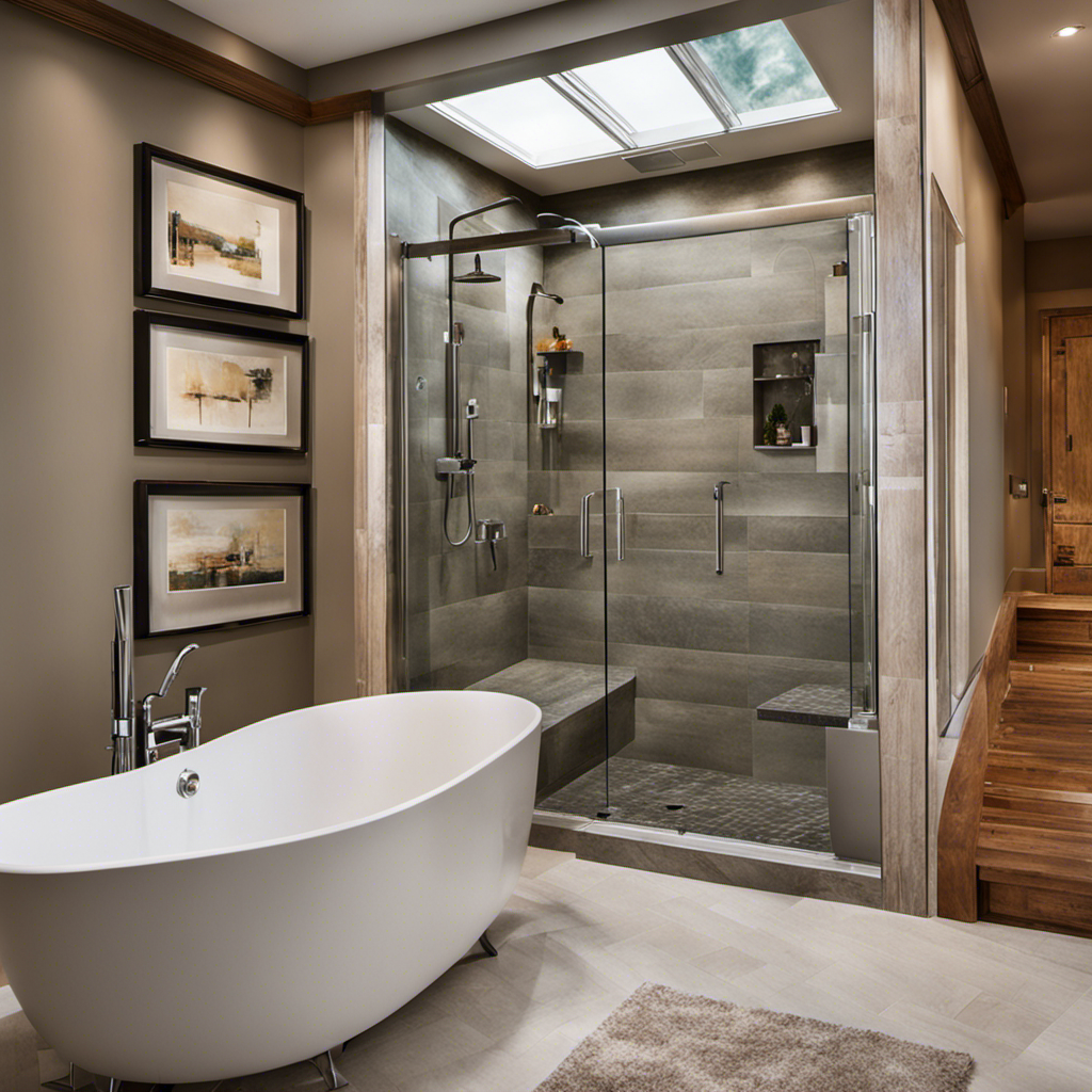 An image showcasing a step-by-step transformation of a bathtub into a walk-in shower: a plumber removing the tub, installing a sleek glass enclosure, tiling the shower area, and finishing with a modern showerhead