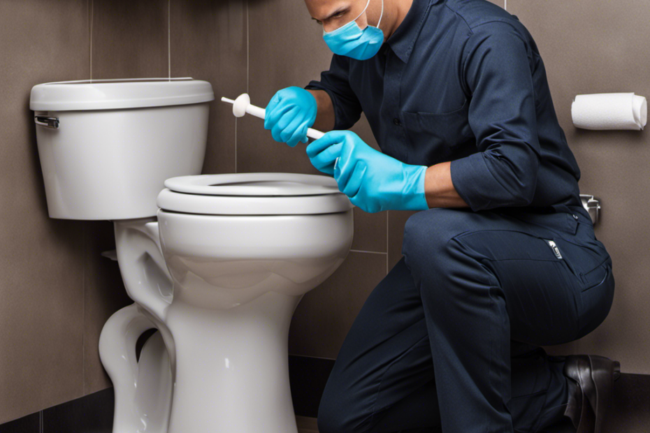 An image displaying a person wearing rubber gloves, holding a plunger with a firm grip, positioning it over a toilet bowl