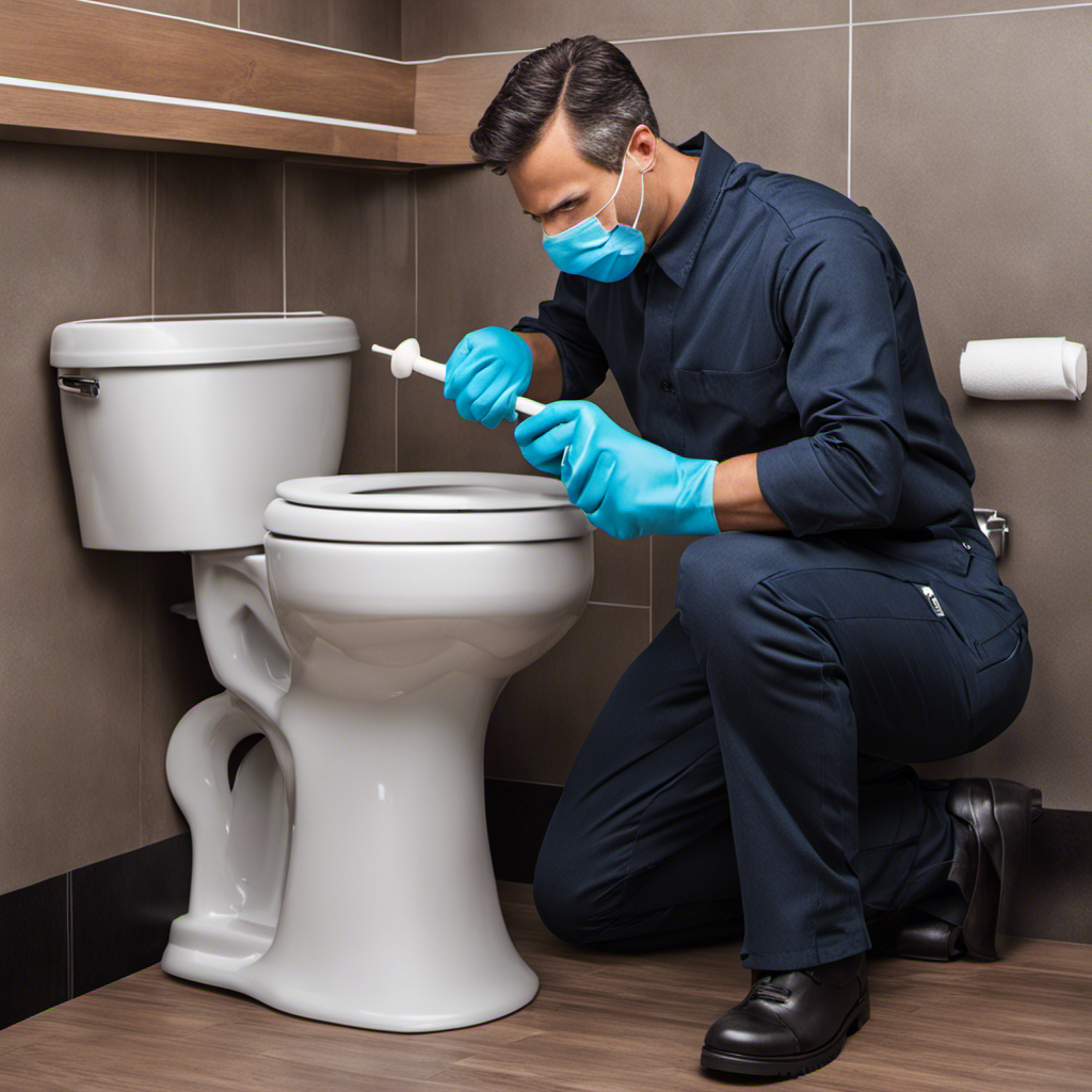 An image displaying a person wearing rubber gloves, holding a plunger with a firm grip, positioning it over a toilet bowl