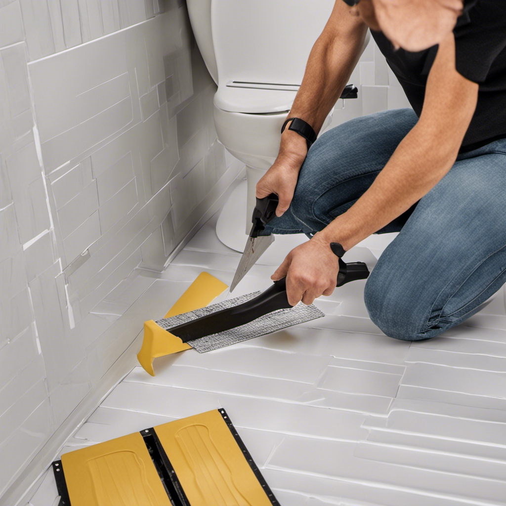 An image showcasing step-by-step instructions for cutting peel and stick tile around a toilet