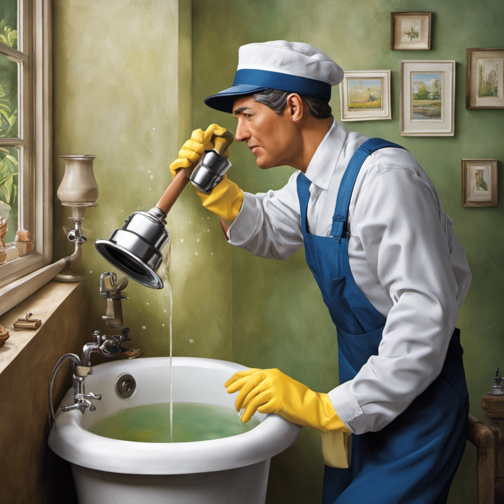 An image depicting a person wearing gloves, holding a plunger, and diligently unclogging a bathtub drain