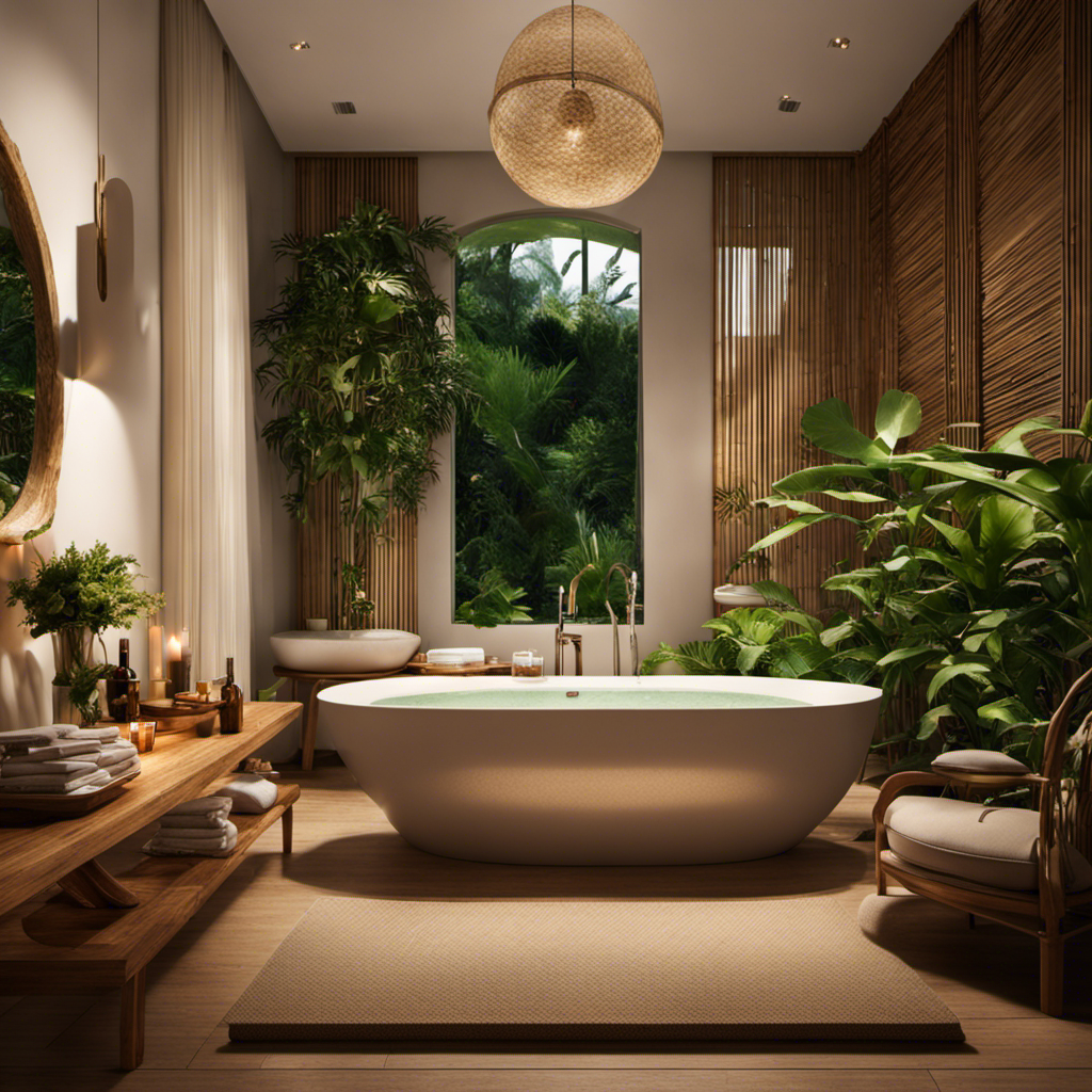 An image showcasing a serene bathroom oasis; an almond bathtub surrounded by lush, green plants, soft candlelight, and a bamboo bath caddy holding a book and a glass of wine